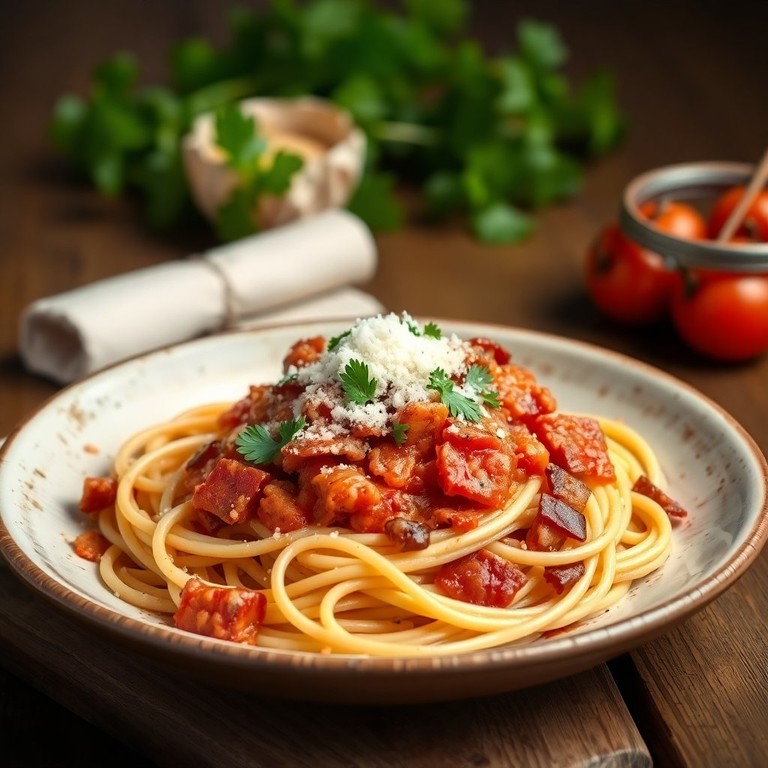 Prato branco de espaguete com molho de tomate, tiras de bacon e folhas de manjericão, sobre mesa de madeira.