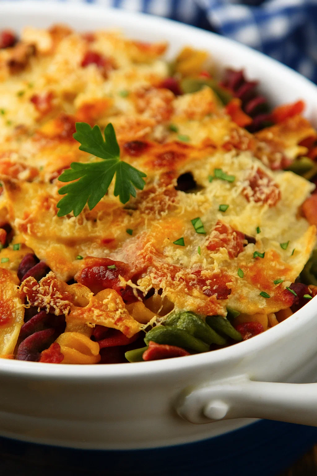 Prato de macarrão sabor vegetal gratinado com frango e coberto por queijo dourado, servido em travessa branca sobre fundo desfocado.