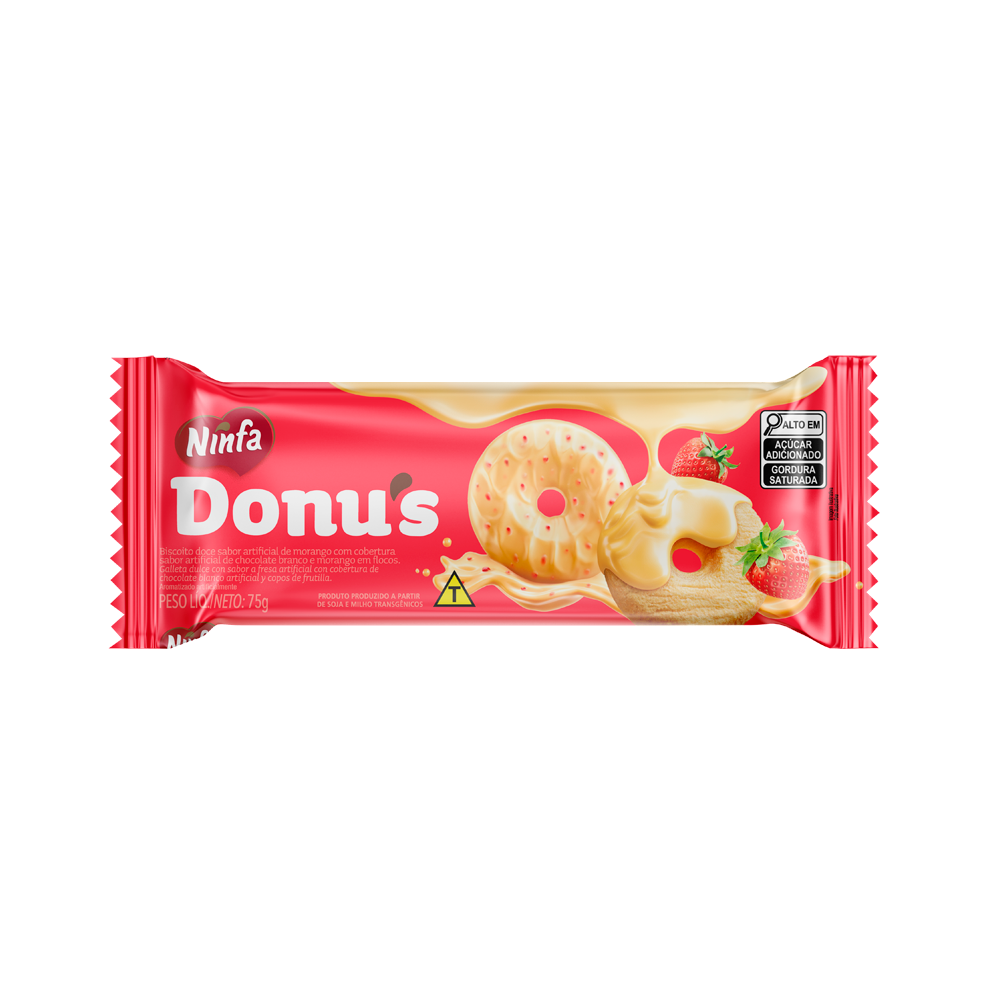 Embalagem de donut sabor chocolate branco e morango de 75g, com rótulo rosa e branco.