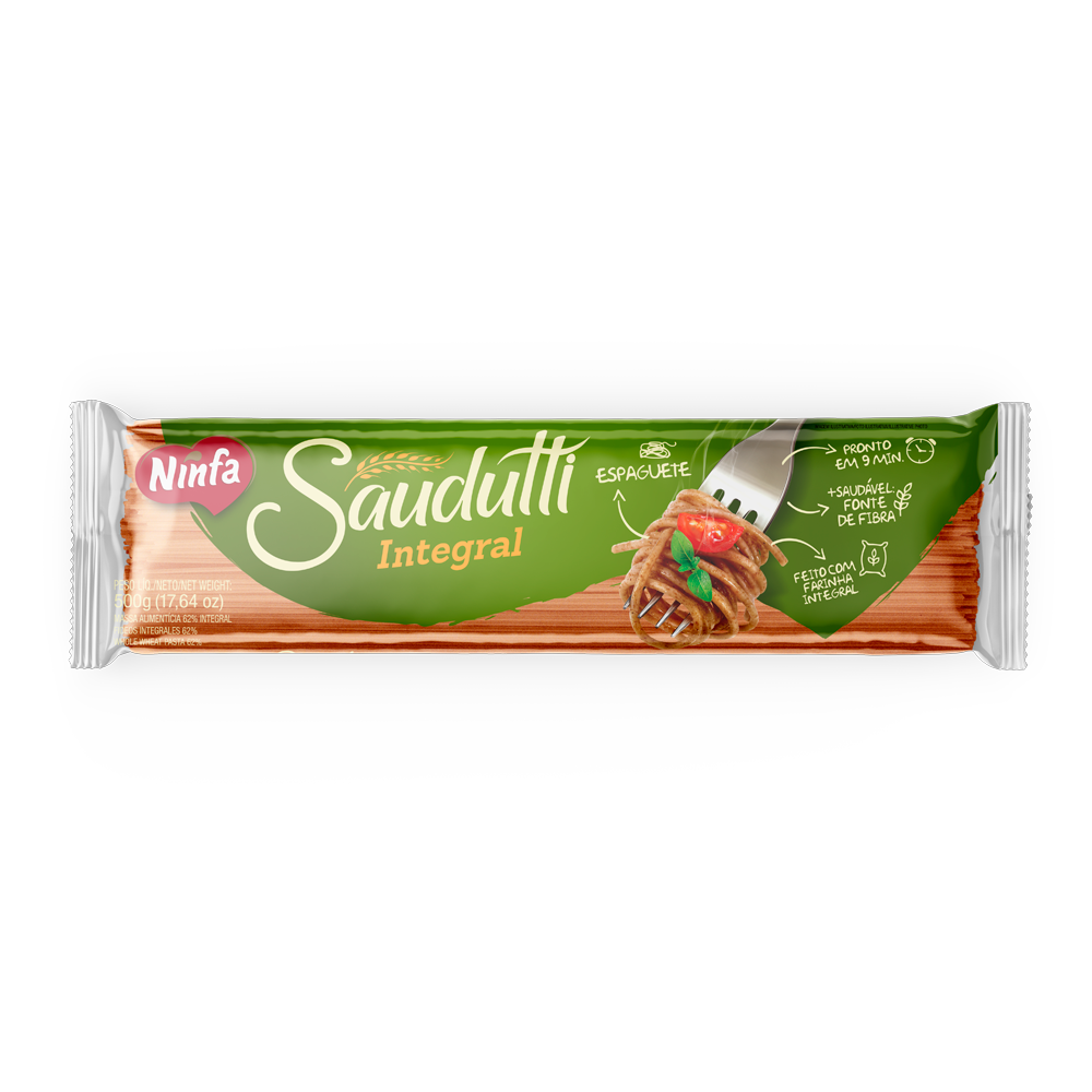 Embalagem de espaguete integral Saudutti de 500g, com rótulo verde, exibindo janela transparente com a massa.
