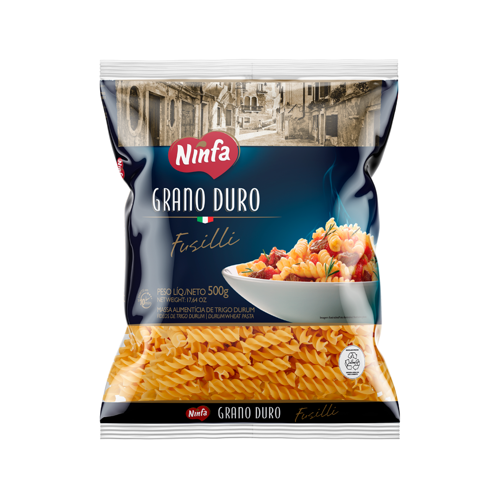 Embalagem de macarrão fusilli grano duro de 500g em pé, com rótulo azul, exibindo janela transparente com a massa.