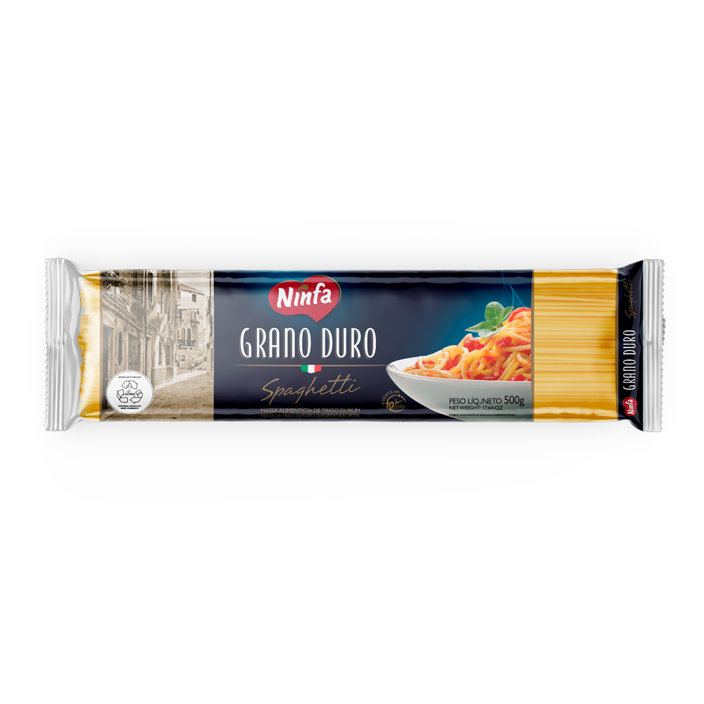 Embalagem de espaguete grano duro de 500g, com rótulo azul, exibindo janela transparente com a massa.
