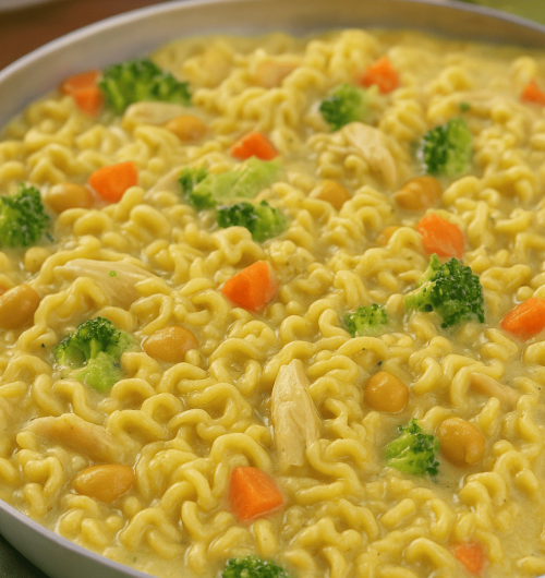Tigela com macarrão instantâneo servido com pedaços de frango, cenoura, ervilha e brócolis, sobre mesa de madeira.