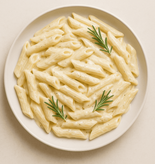 Prato branco com macarrão penne ao molho branco cremoso, decorado com alecrim, sobre mesa branca.