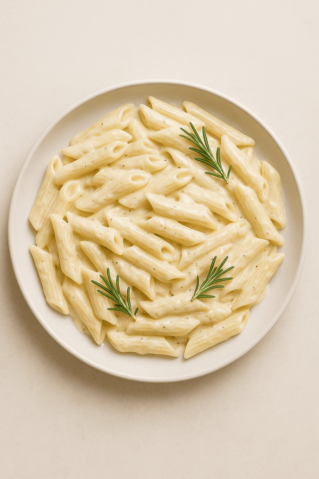 Prato branco com macarrão penne ao molho branco cremoso, decorado com alecrim, sobre mesa branca.