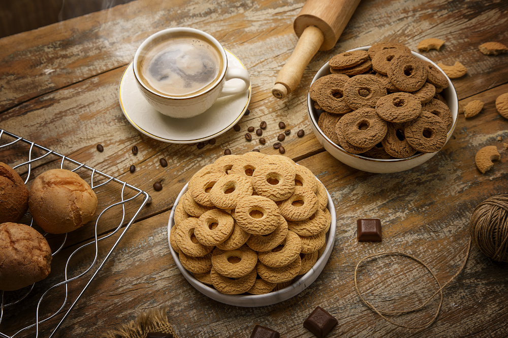 Biscoitos rosca de leite, dispostos em potes brancos sobre mesa de madeira