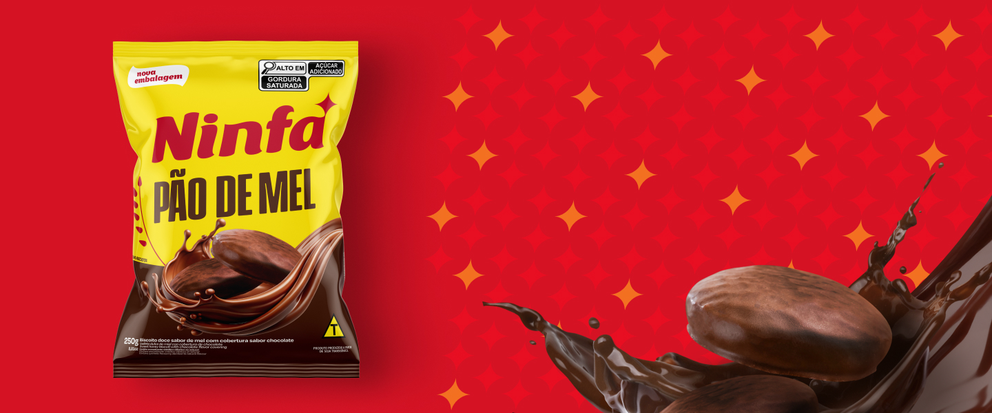Embalagem de pão de mel com chocolate de 250g, rótulo amarelo com detalhes marrom e vermelho.