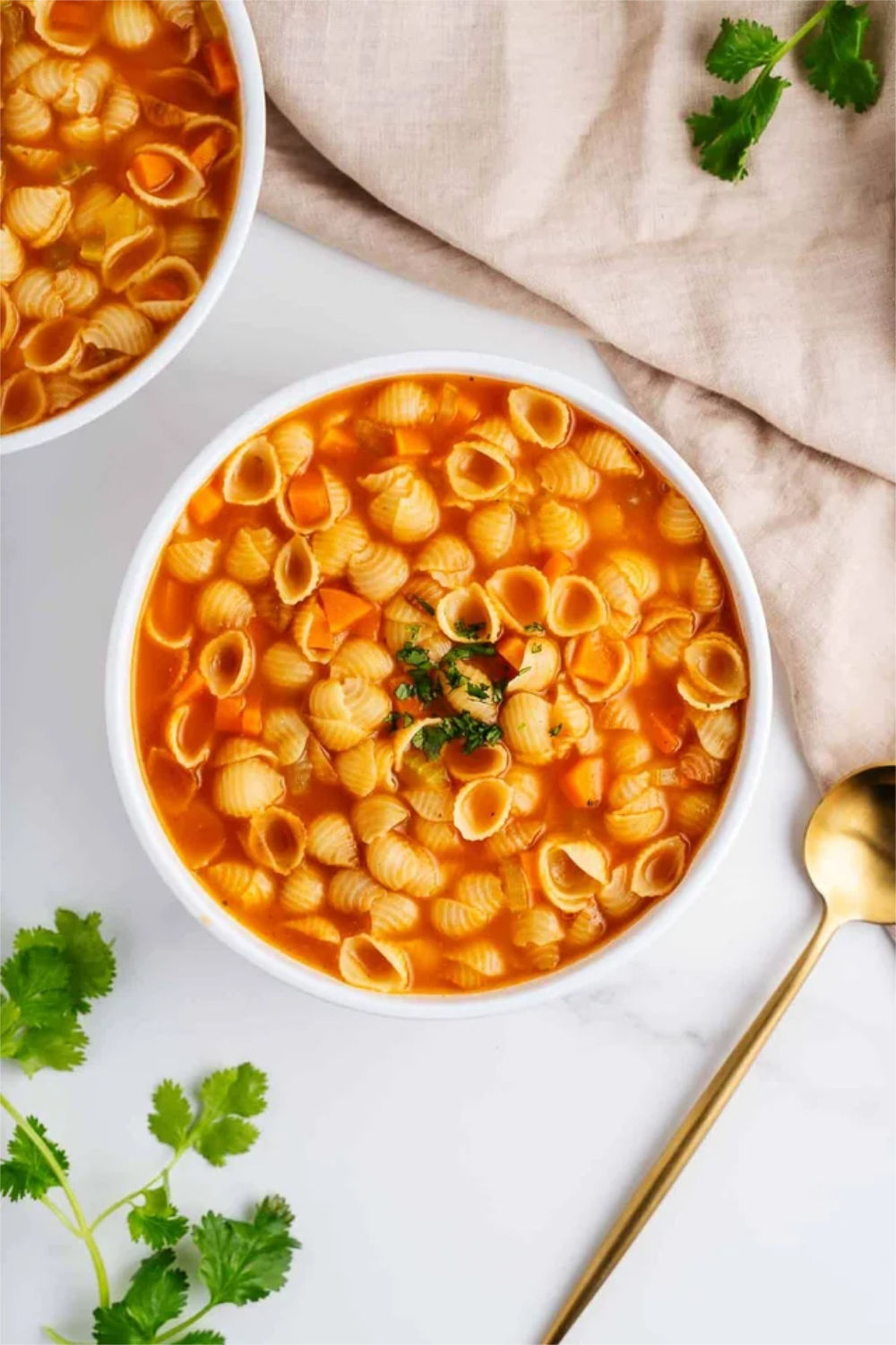 Sopa servida em prato fundo branco com macarrão tipo concha, legumes e caldo, sobre mesa clara.