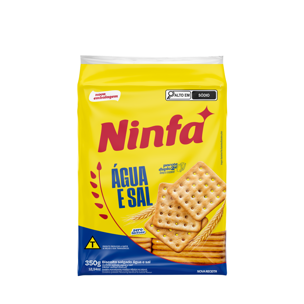 Embalagem de biscoito água e sal de 350g em pé, com rótulo amarelo e detalhes vermelhos.