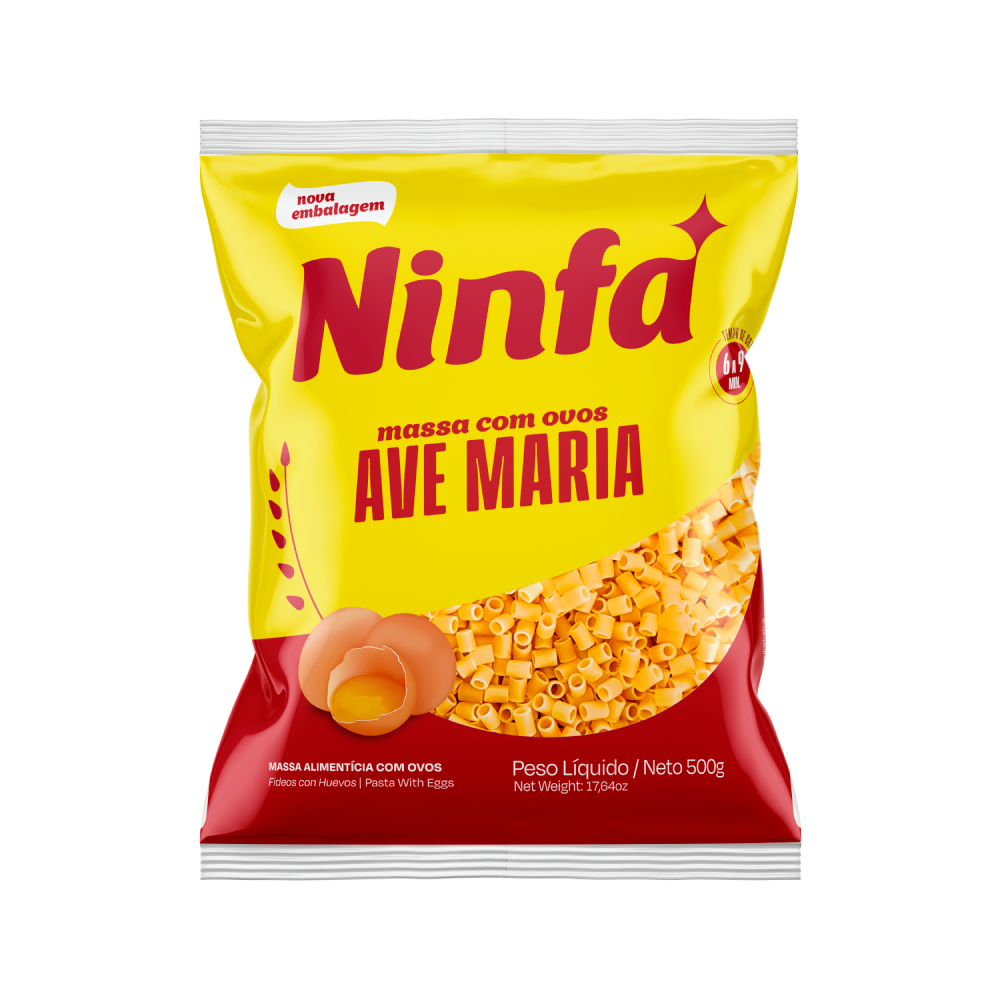 Embalagem de macarrão ave maria com ovos de 500g em pé, com rótulo amarelo e vermelho, exibindo janela transparente com a massa.