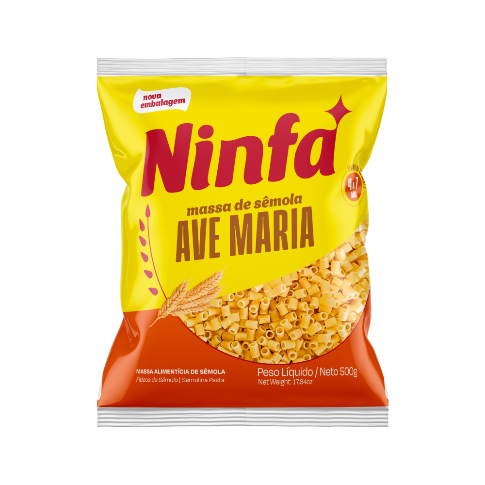 Embalagem de macarrão ave maria sêmola de 500g em pé, com rótulo amarelo e vermelho, exibindo janela transparente com a massa.