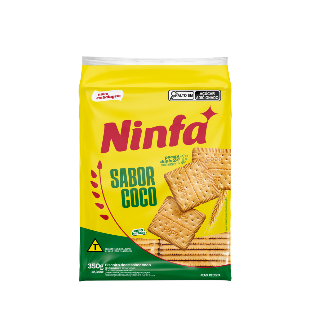 Embalagem de biscoito coco de 350g em pé, com rótulo amarelo e detalhes vermelhos.