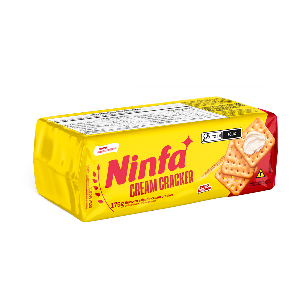Embalagem de biscoito cracker de 175g em pé, com rótulo amarelo e vermelho.