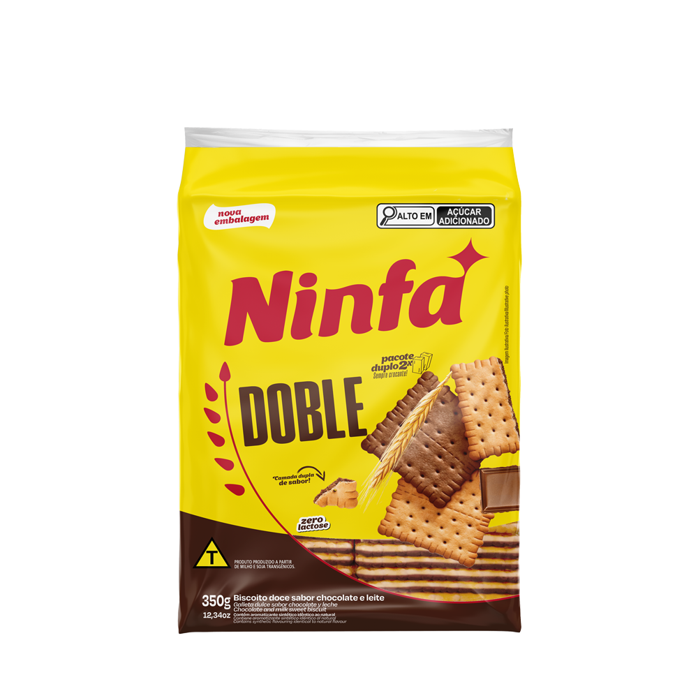 Embalagem de biscoito Doble de 350g em pé, com rótulo amarelo e detalhes vermelhos, ilustrando o biscoito.