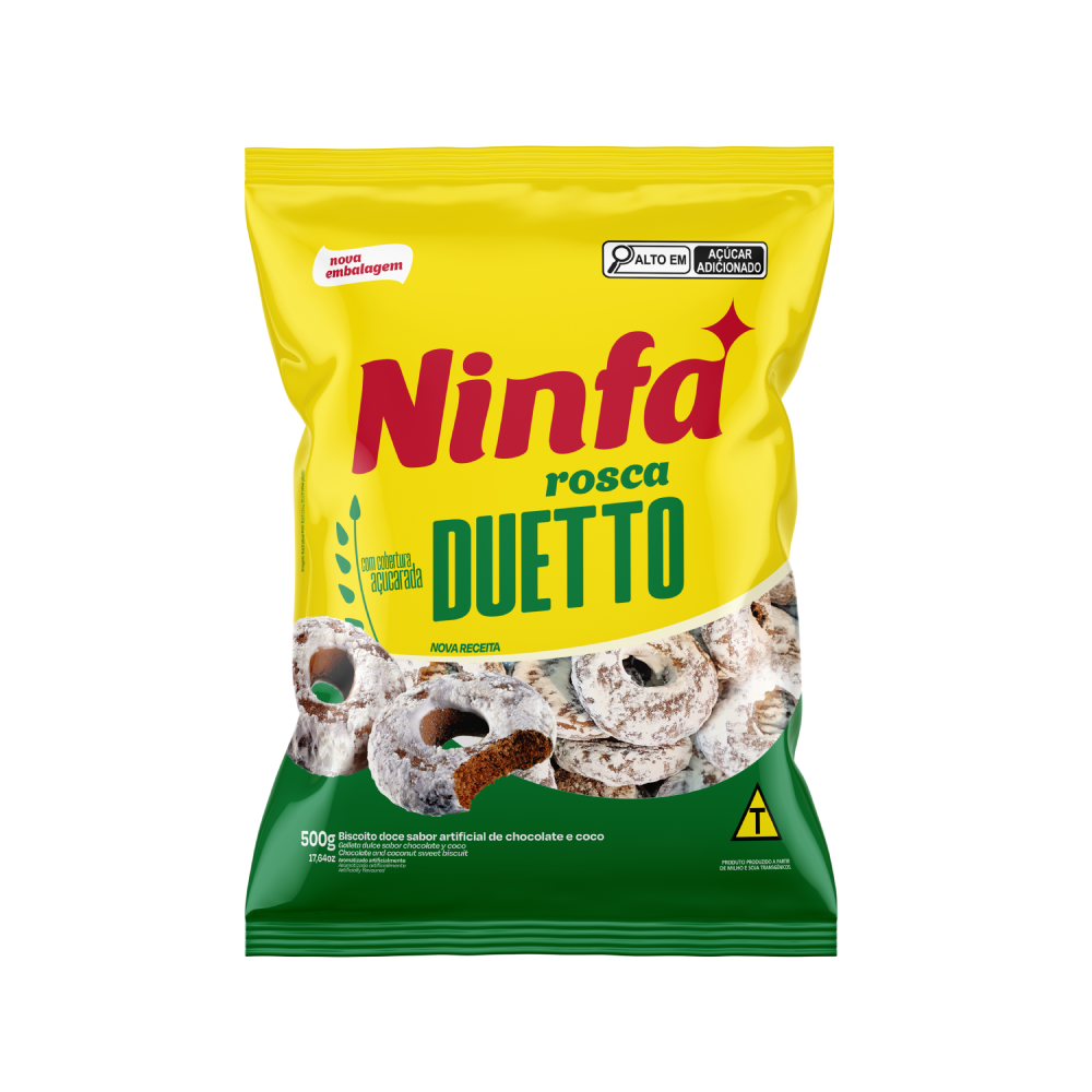 Embalagem de rosca duetto 500g em pé, rótulo amarelo e verde.