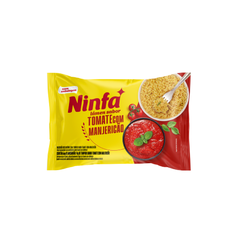 Embalagem de macarrão instantâneo sabor tomate e manjericão de 70g em pé, rótulo amarelo e vermelho.