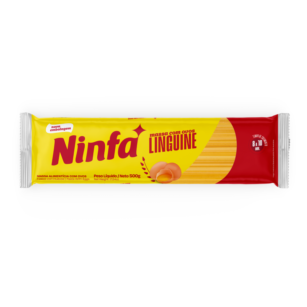 Embalagem de macarrão linguine com ovos de 500g, com rótulo amarelo e vermelho, exibindo janela transparente com a massa.