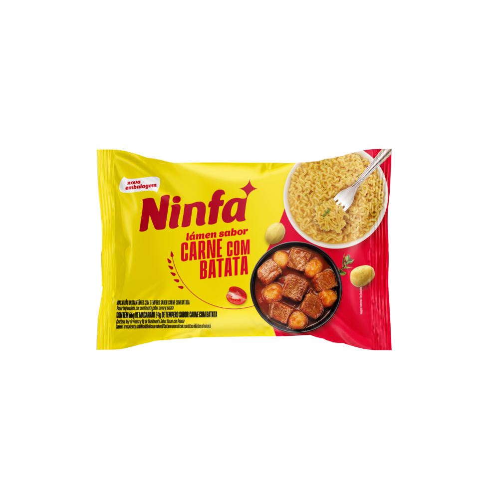 Embalagem de macarrão instantâneo sabor carne com batata de 70g em pé, rótulo amarelo e vermelho.