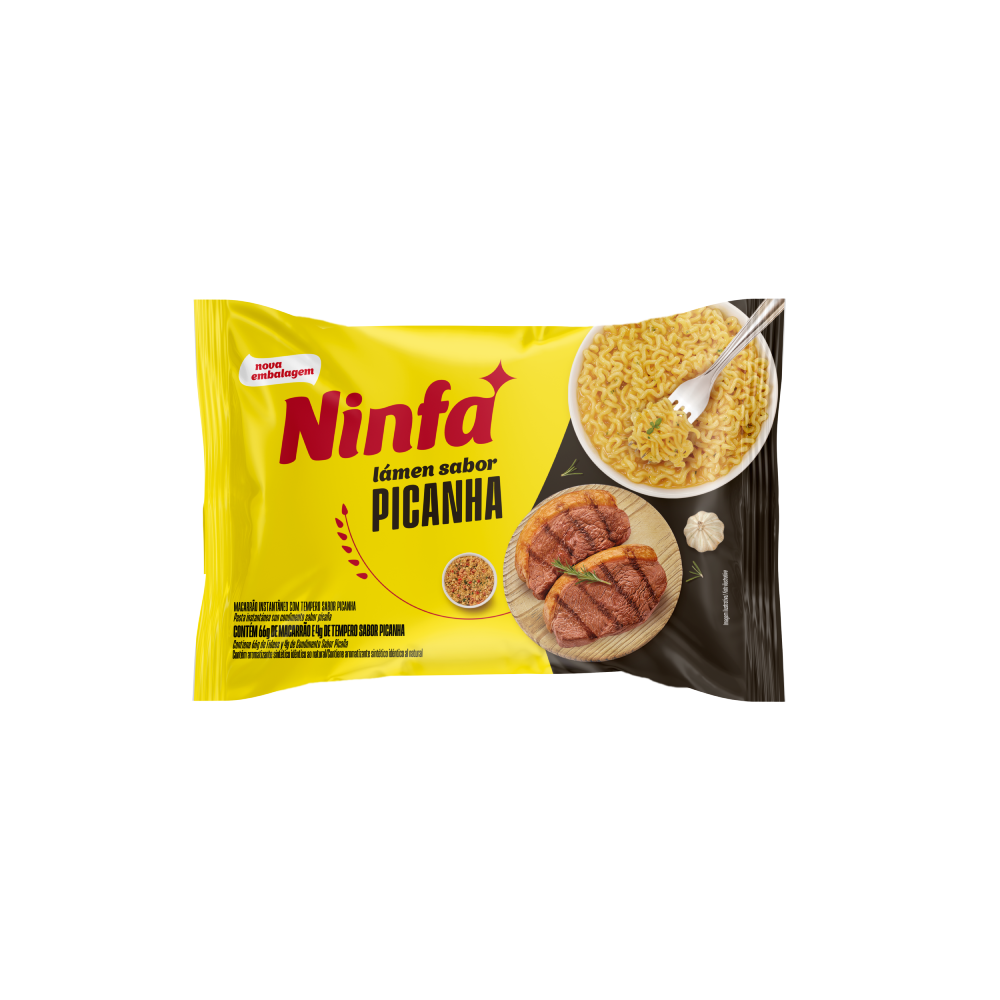 Embalagem de macarrão instantâneo sabor picanha de 70g em pé, rótulo amarelo e preto.