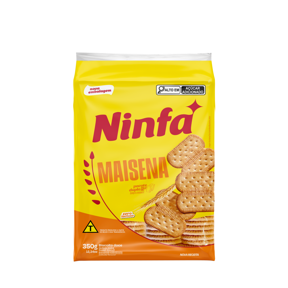 Embalagem de biscoito maisena de 350g em pé, com rótulo amarelo e detalhes vermelhos.