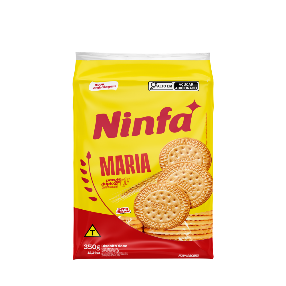 Embalagem de biscoito maria de 350g em pé, com rótulo amarelo e detalhes vermelhos.