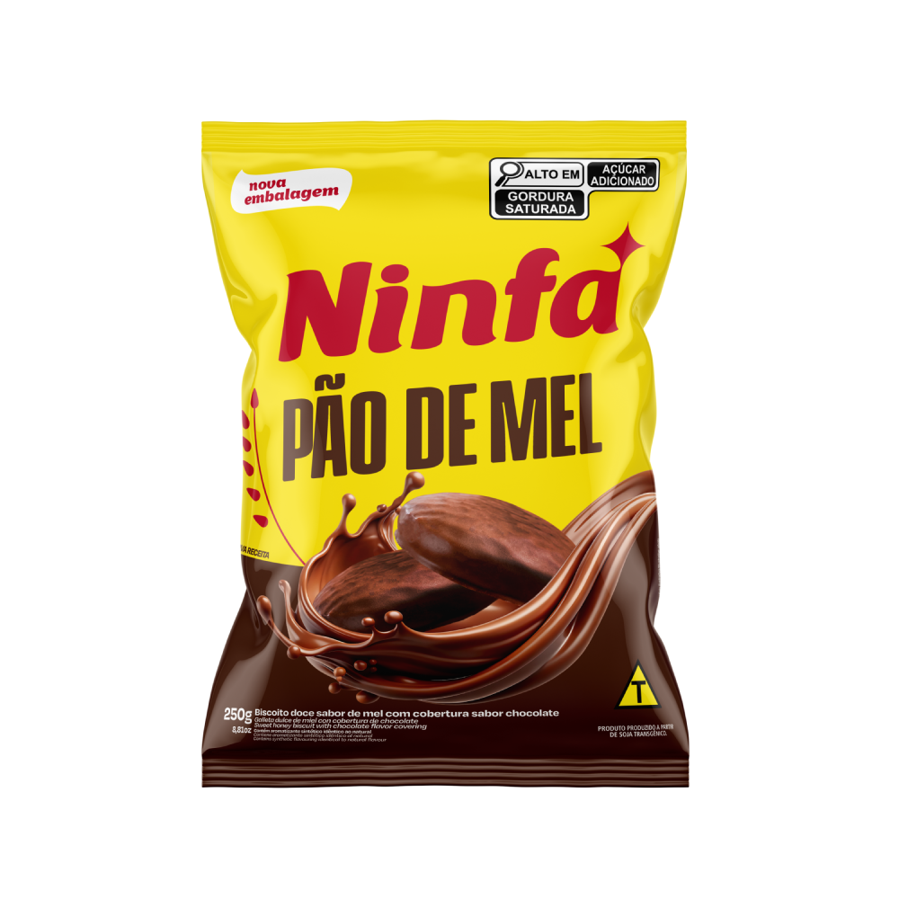 Embalagem de pão de mel com cobertura de chocolate de 250g, rótulo amarelo com detalhes marrom e vermelho.