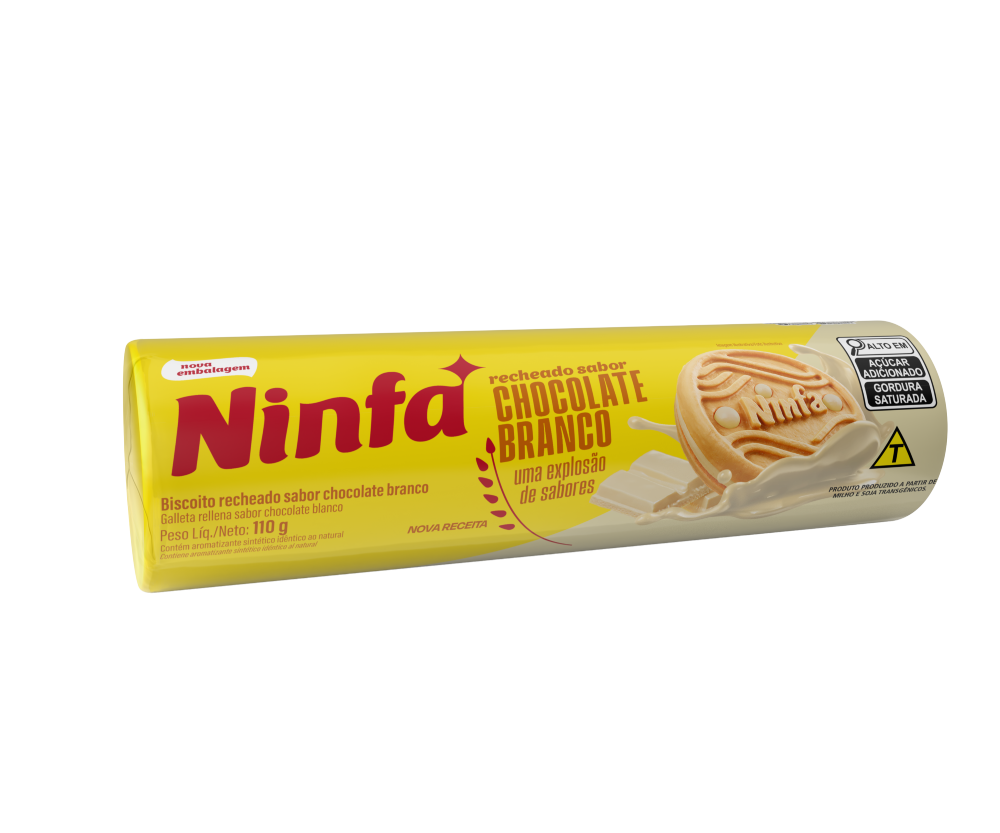 Embalagem de biscoito recheado sabor chocolate branco de 110g, com rótulo amarelo e branco.