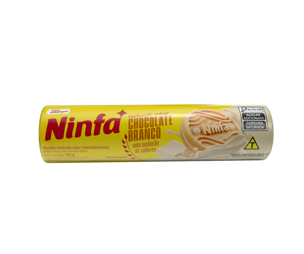 Embalagem de biscoito recheado sabor chocolate branco de 110g, com rótulo amarelo e branco.