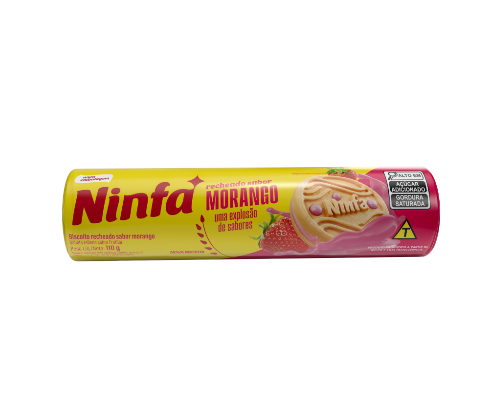 Embalagem de biscoito recheado sabor morango de 110g, com rótulo amarelo e rosa.