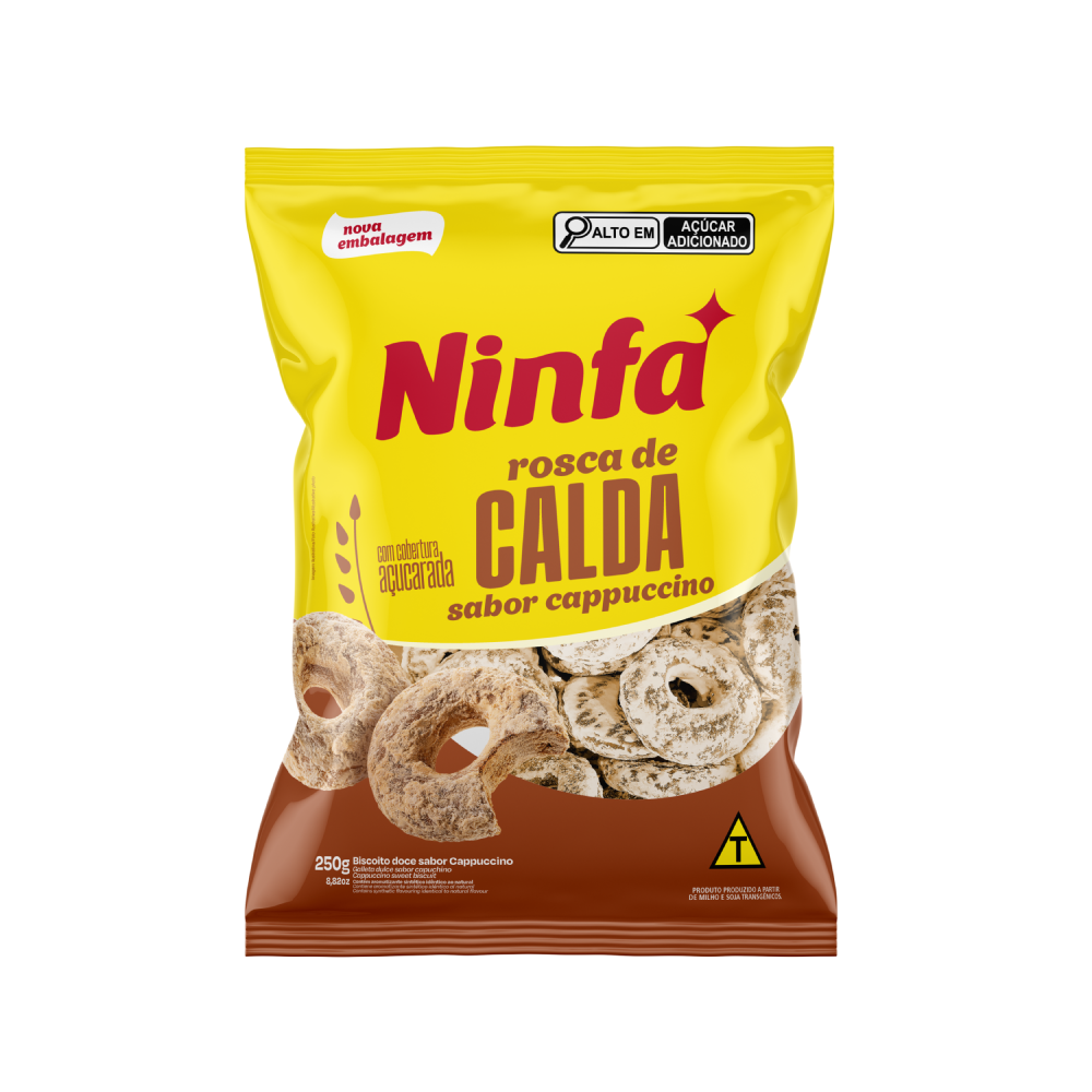 Embalagem de rosca de calda sabor cappuccino de 250g em pé, rótulo amarelo e marrom.