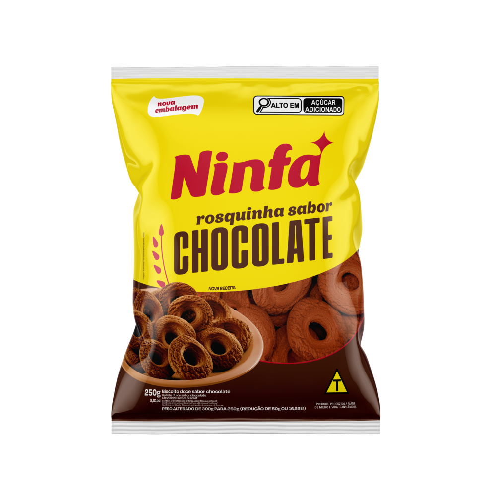 Embalagem de rosquinhas sabor chocolate de 250g em pé, com rótulo amarelo e detalhes azuis e vermelhos.