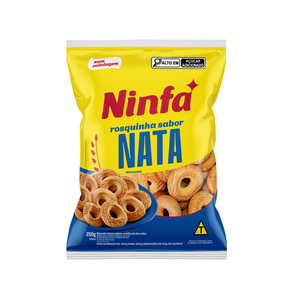 Embalagem de rosquinhas sabor nata de 250g em pé, com rótulo amarelo e detalhes azuis e vermelhos.