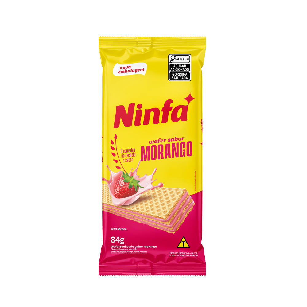 Embalagem de biscoito wafer sabor morango de 84g em pé, com rótulo amarelo e rosa, exibindo imagem do wafer recheado.