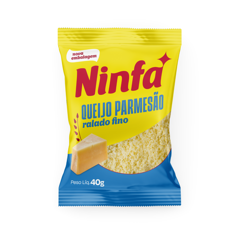 Embalagem de queijo ralado fino de 40g em pé, com rótulo amarelo com detalhes azuis e vermelhos.